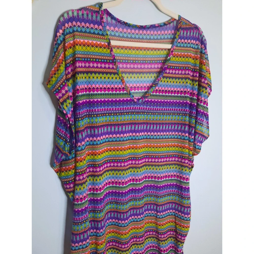 Anne‎ Cole Women Multicolor Geometric Mesh V-Neck Swim Cover-Up Dress Tunic